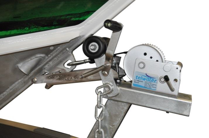 boat trailer winch system attached to the front of a trailer